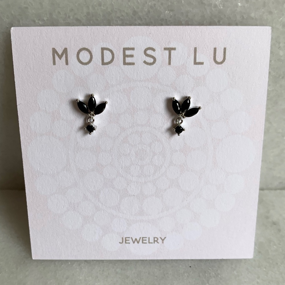 Black Crystal Leaf Crown Stud Huggie Earrings